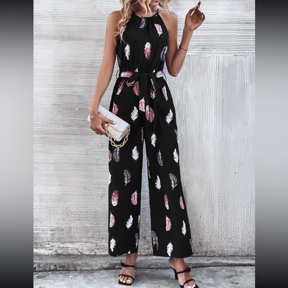Boho feather print halter jumpsuit - Picture 2 of 16